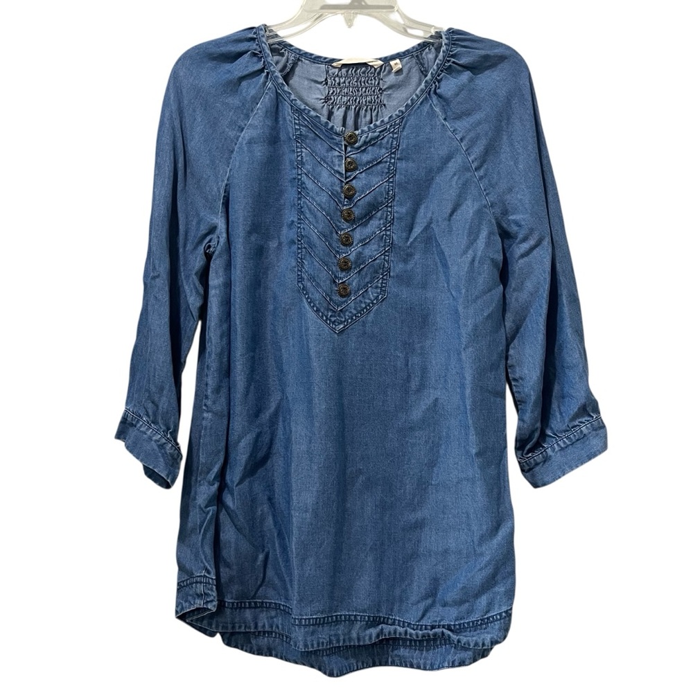 Soft Surrounding‎ Denim Look 3/4 Sleeve V-neck Buttons Blouse Blue Women's XS